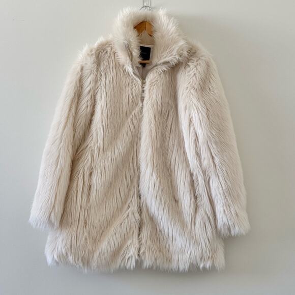 Forever 21 Ivory Faux Fur Glam Party Festive Jacket Coat Size Large - Picture 1 of 8